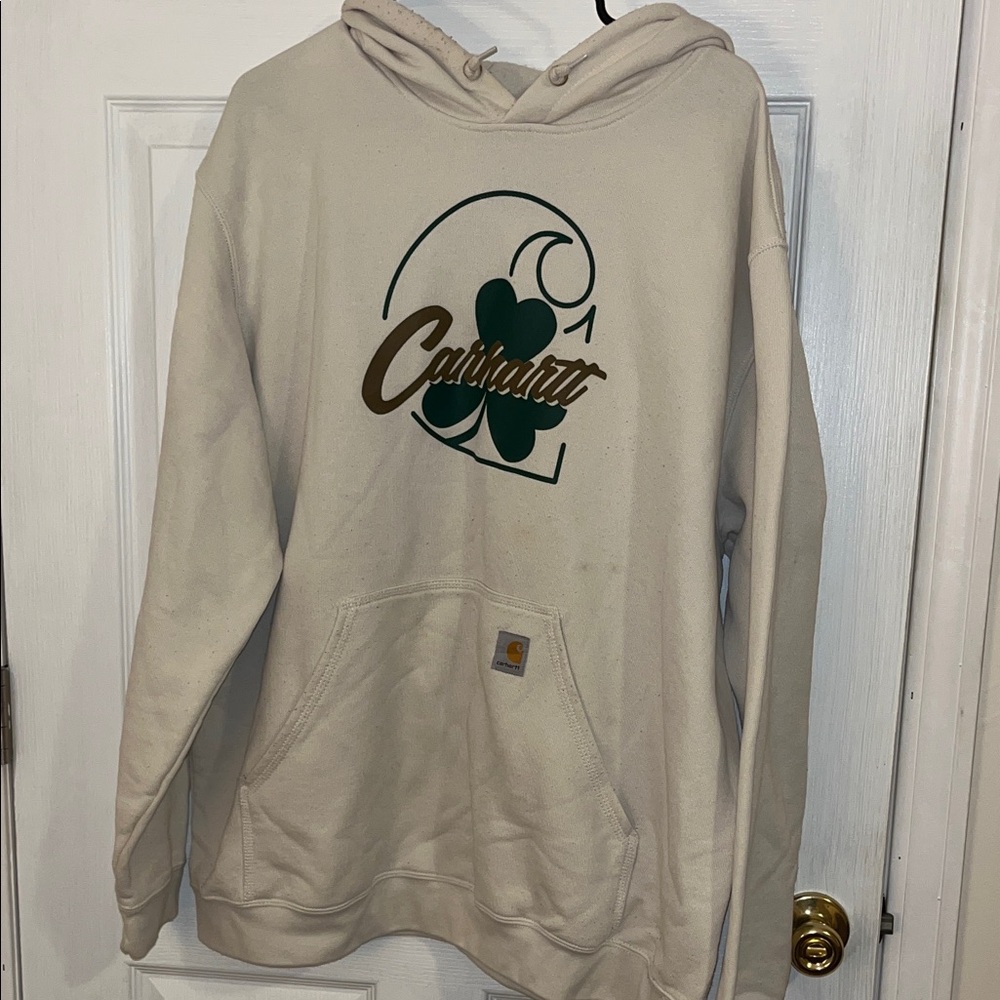 Carhartt Cream and Green shamrock Men's Hoodie